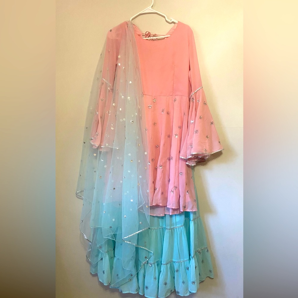 Brand New Pink And Blue Sharara set with Blue Met Dupatta